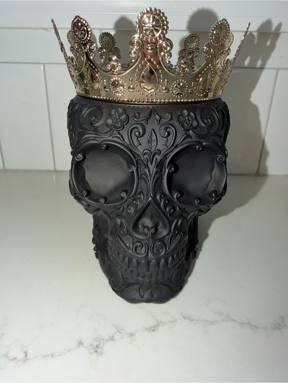 Bath and Body Works 3 Wick Candle Holder Skull with Gold Crown